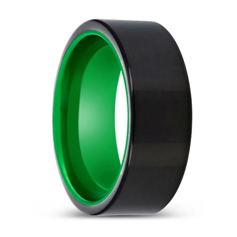 KENTON | Green Ring, Black Tungsten Ring, Shiny, Flat