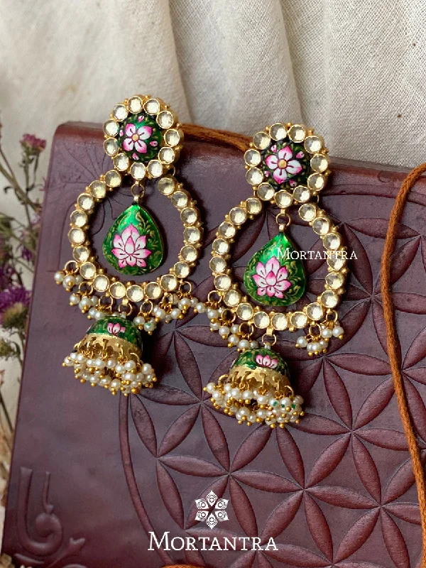 Natural Stone Earrings-Multicolor Gold Plated Jadau Kundan Earrings - ME901GR