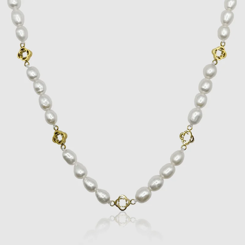 Multi-Chain Necklace-Clover Real Pearl Necklace (Gold)