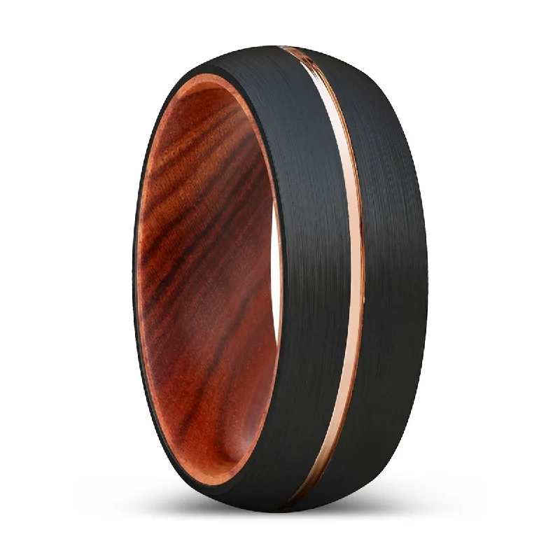 WOODY | IRON Wood, Black Tungsten Ring, Rose Gold Groove, Domed