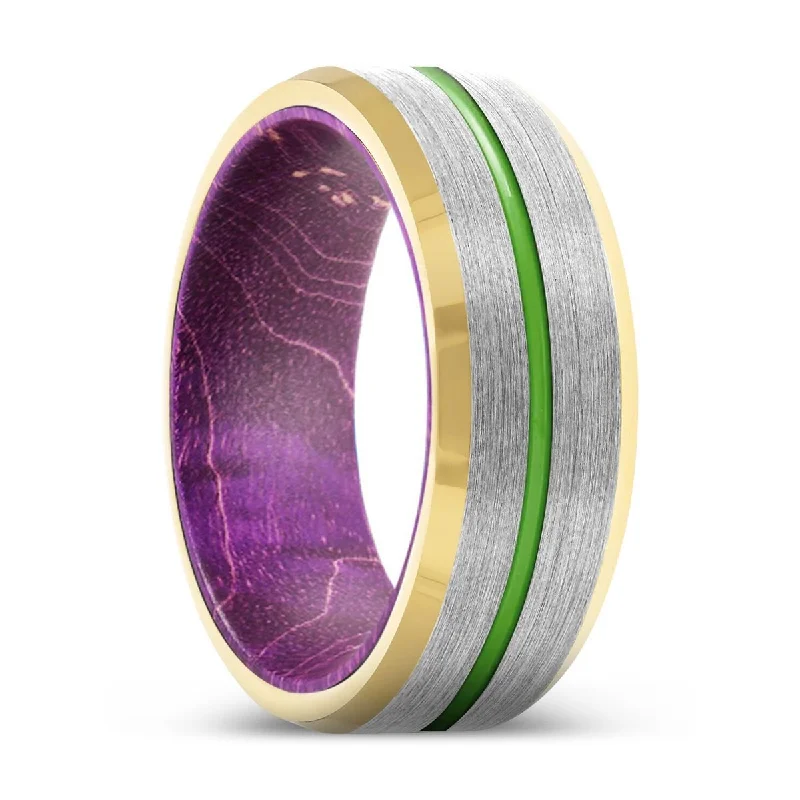 TINGE | Purple Wood, Silver Tungsten Ring, Green Groove, Gold Beveled Edge