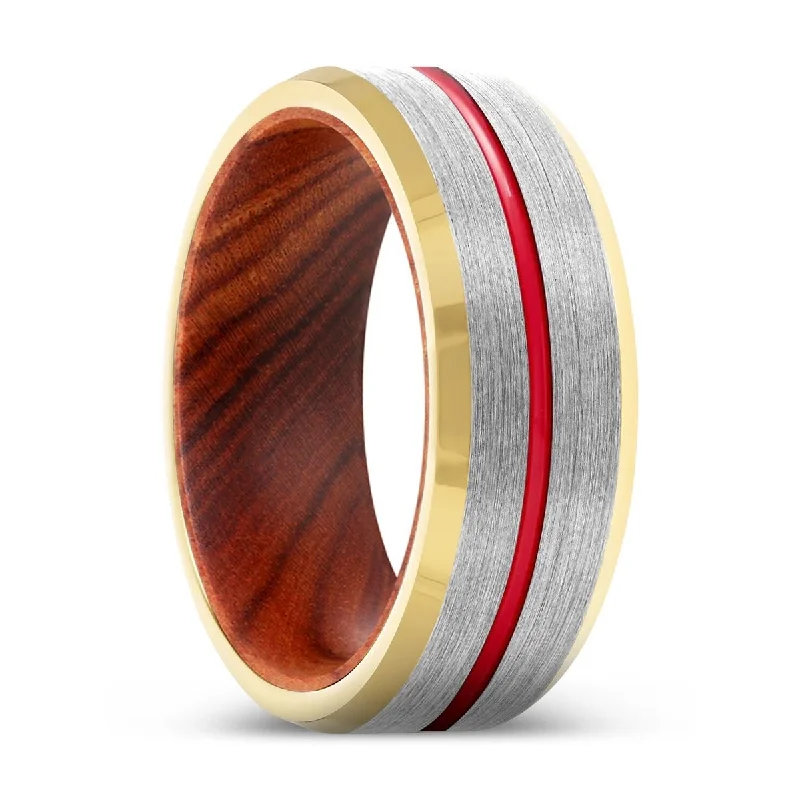 FLUX | Iron Wood, Silver Tungsten Ring, Red Groove, Gold Beveled Edge