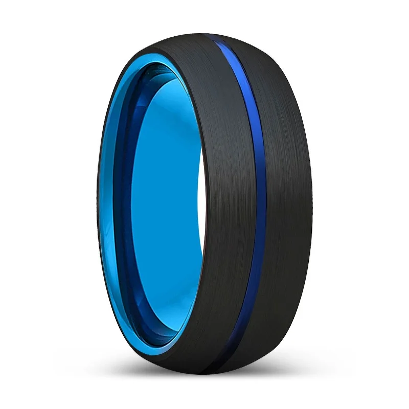 LUNA | Blue Tungsten Ring, Black Tungsten Ring, Blue Groove, Domed