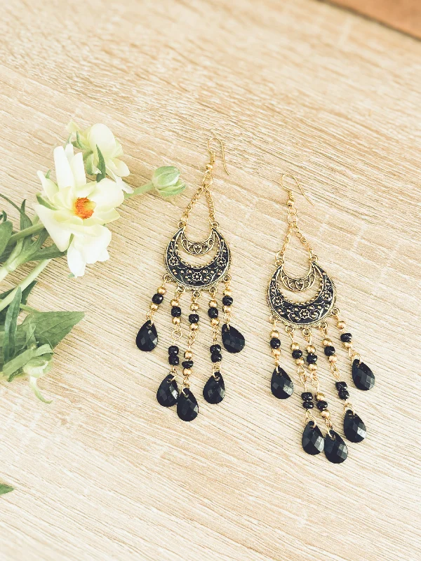 Chunky Gold Earrings-Beautiful Black Boho Chandelier Earrings