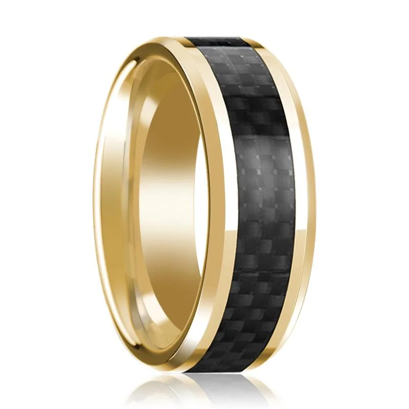 Men's Polished 14k Yellow Gold Wedding Ring with Black Carbon Fiber Inlay & Beveled Edges - 8MM