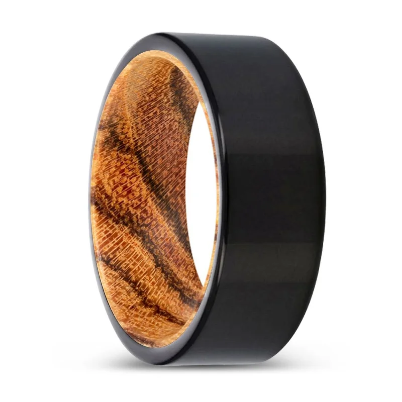 TORRINE | Bocote Wood, Black Tungsten Ring, Shiny, Flat