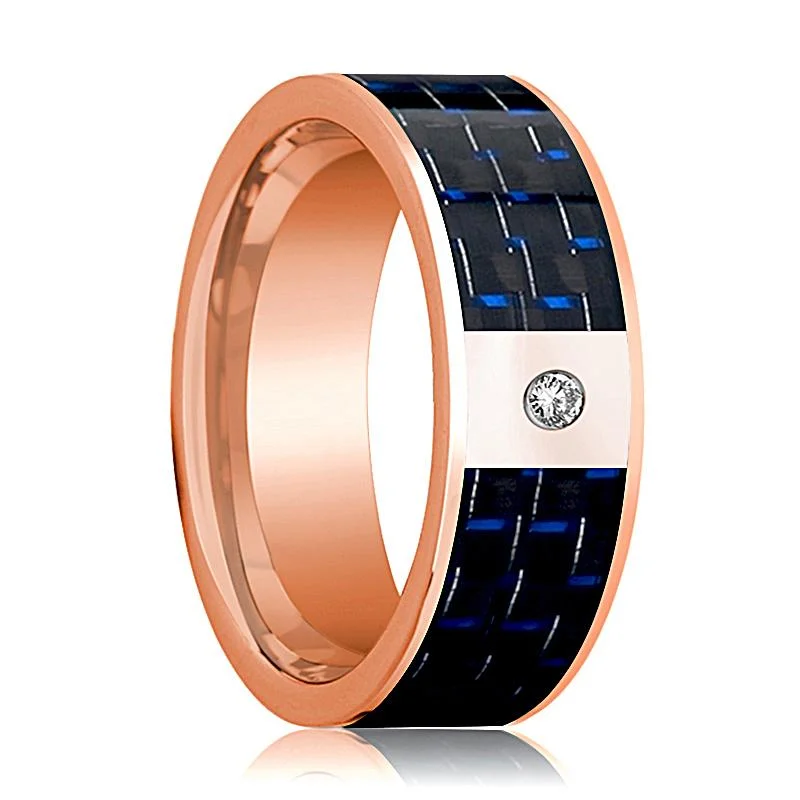 Men's 14k Rose Gold & Diamond Flat Wedding Ring with Blue & Black Carbon Fiber Inlay - 8MM