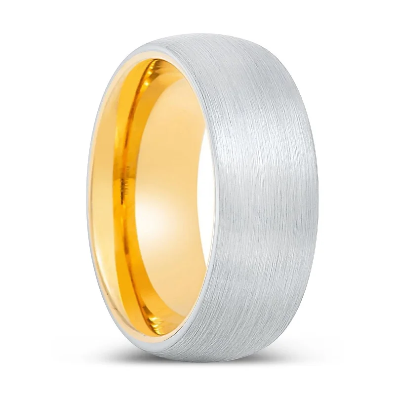 RABBI | Gold Ring, White Tungsten Ring, Brushed, Domed