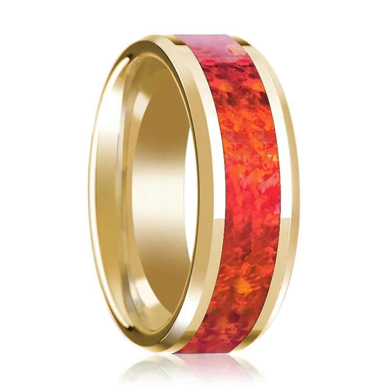 Men's Beveled 14k Yellow Gold Wedding Band with Red Opal Inlay Polished Design - 8MM