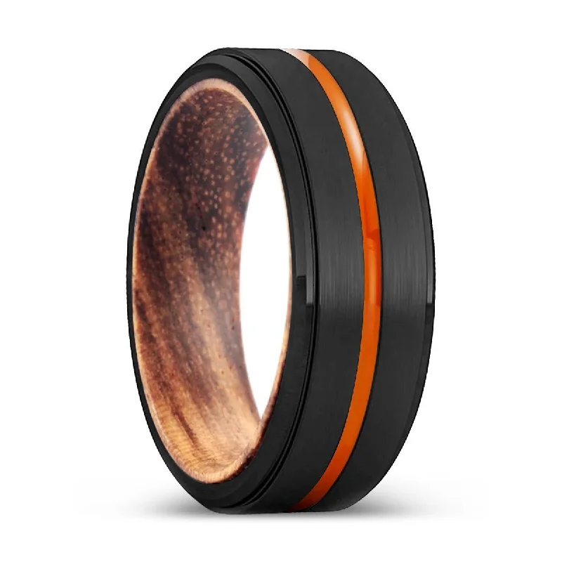 LAVAL | Zebra Wood, Black Tungsten Ring, Orange Groove, Stepped Edge