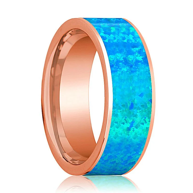 Flat 14k Rose Gold Men's Wedding Band with Blue Opal Inlay Polished Finish - 8MM