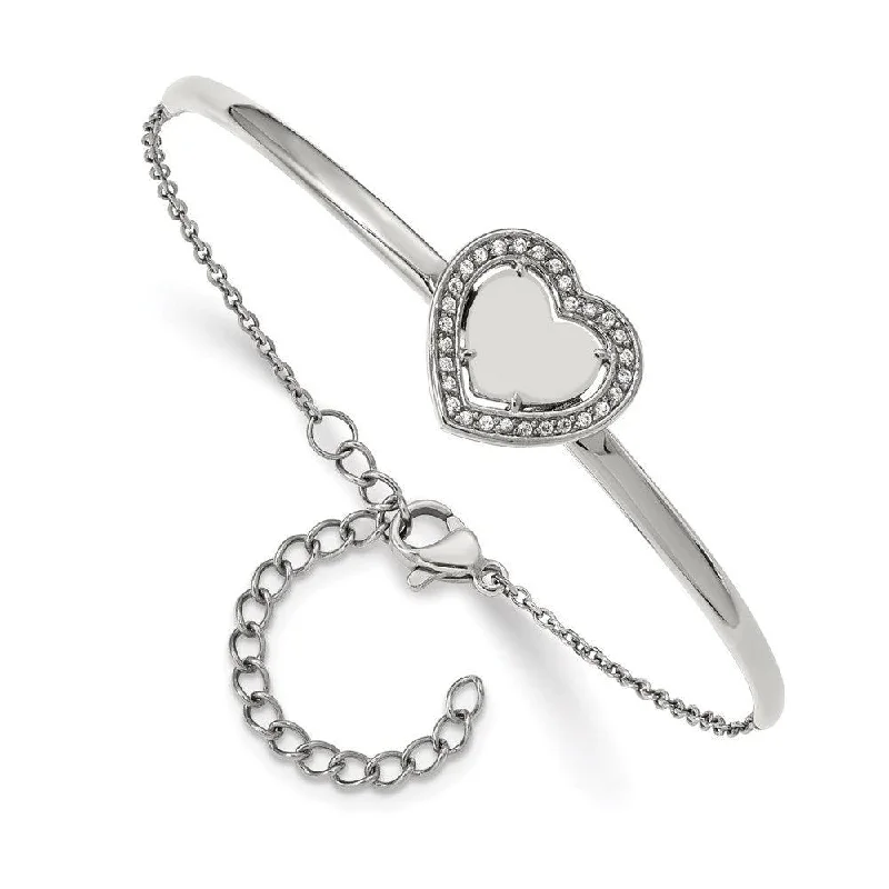 Stylish Chain Bracelet-Stainless Steel Polished with CZ Heart 6.5in with 2in ext. Bar Bracelet