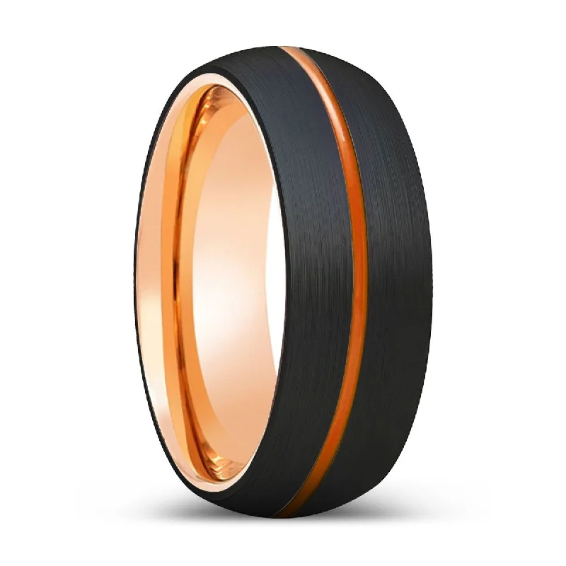 GRIZZLY | Rose Gold Ring, Black Tungsten Ring, Orange Groove, Domed