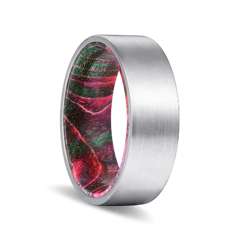 PATTERN | Green and Red Wood, Silver Tungsten Ring, Brushed, Flat