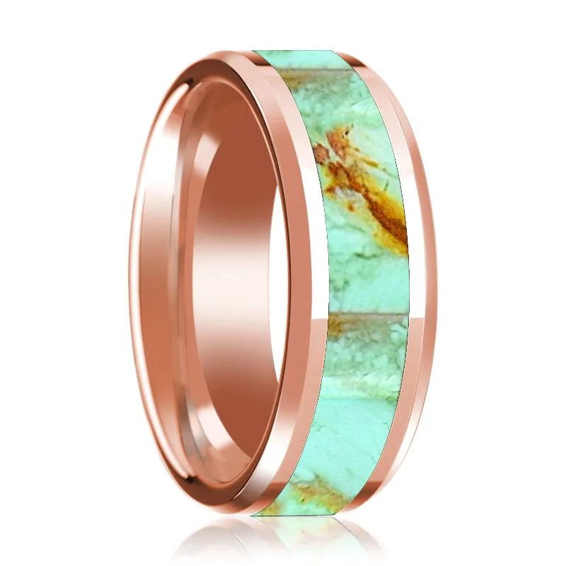 Turquoise Stone Inlaid 14K Rose Gold Polished Wedding Band for Men with Beveled Edges - 8MM