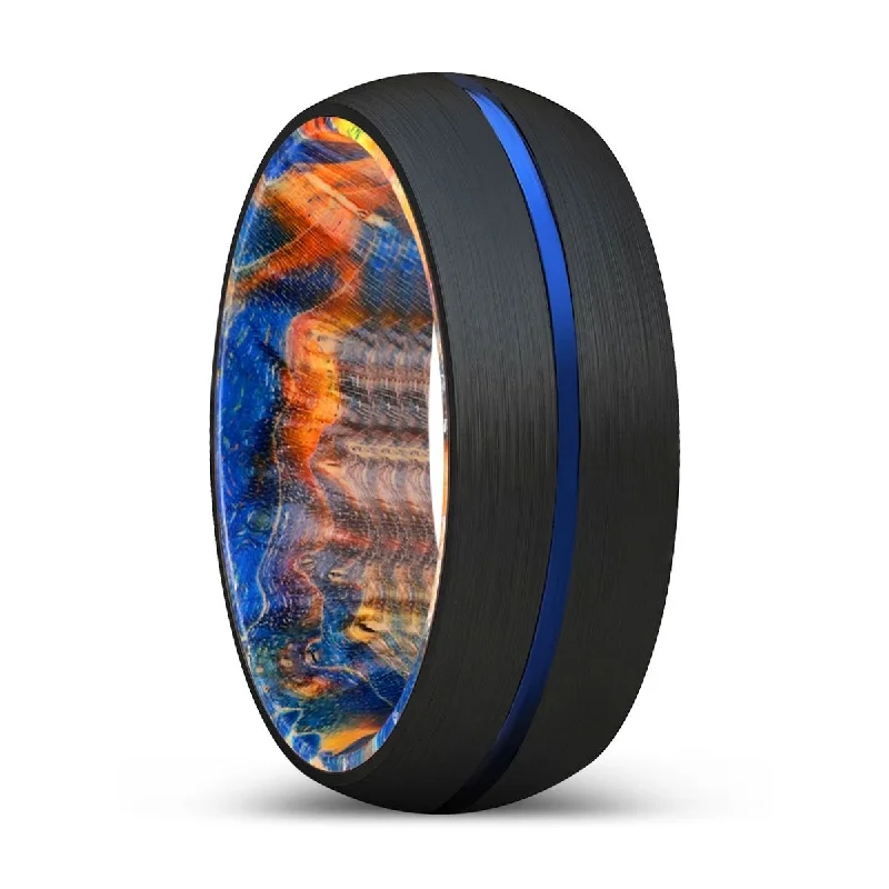 OSIAN | Blue & Yellow/Orange Wood, Black Tungsten Ring, Blue Groove, Domed