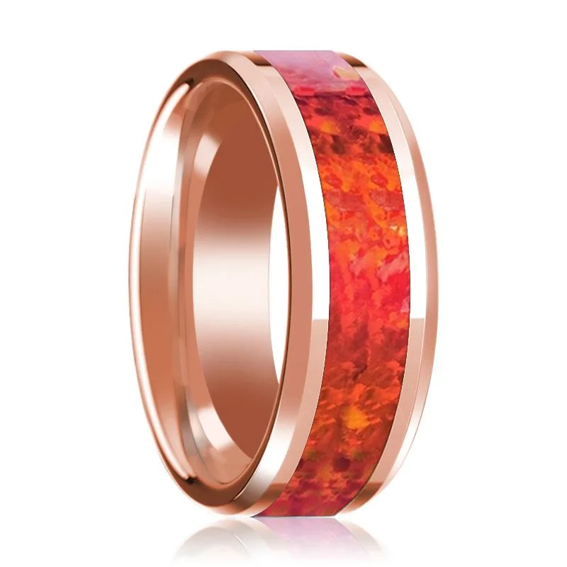 Beveled 14k Rose Gold Wedding Band for Men with Red Opal Inlay & Polished Finish - 8MM