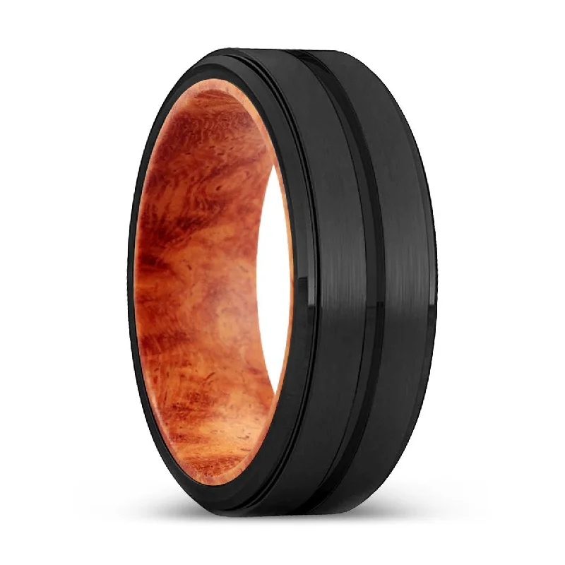 SPICE | Red Burl Wood, Black Tungsten Ring, Grooved, Stepped Edge