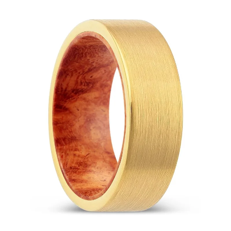 SKRIX | Red Burl Wood, Gold Tungsten Ring, Brushed, Flat