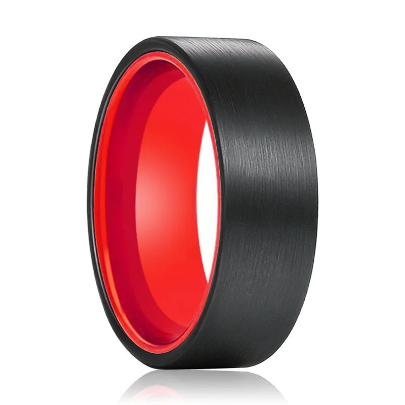 ORCHID | Red Ring, Black Tungsten Ring, Brushed, Flat