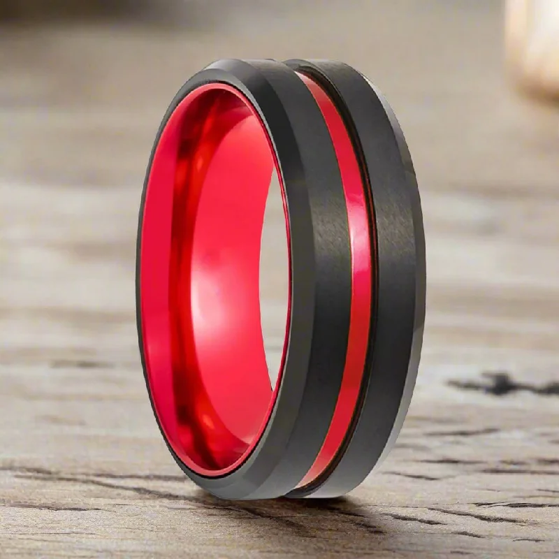 BUGATTI | Red Ring, Black Tungsten, Red Groove, Beveled Edges