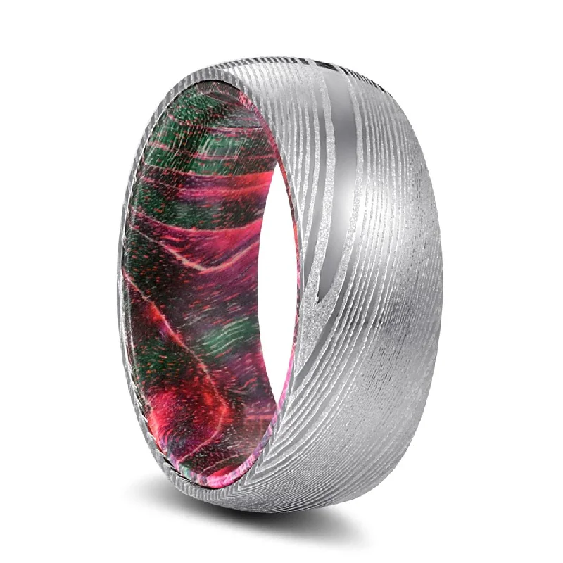 EVANS | Green and Red Wood, Silver Damascus Steel, Domed