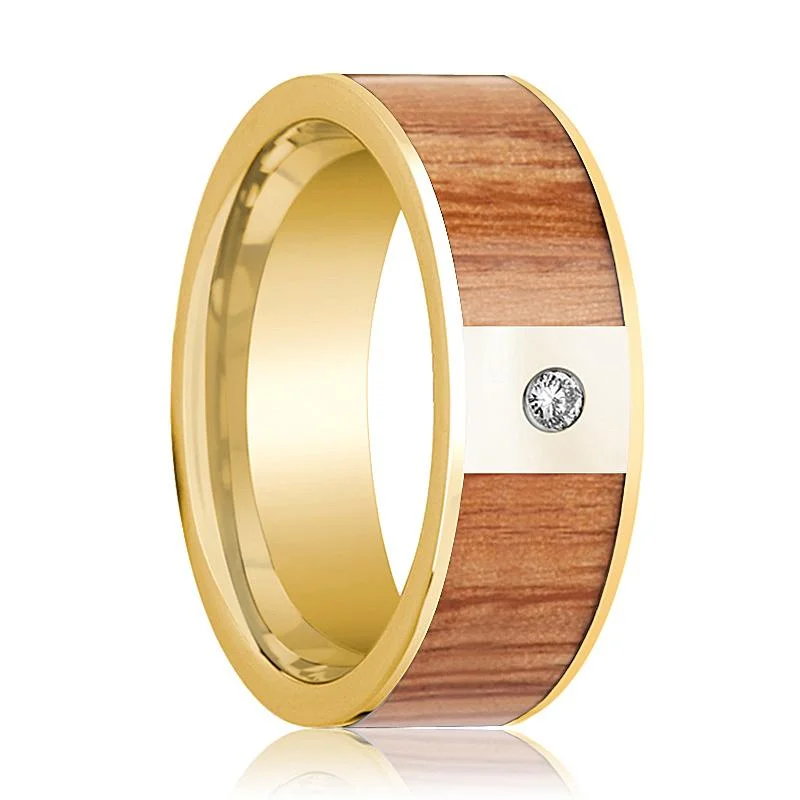 Red Oak Wood Inlaid 14k Yellow Gold Men's Wedding Band with Diamond in Center - 8MM