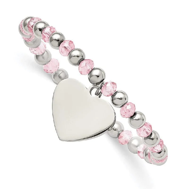 Simple Beaded Stretch Bracelet-Stainless Steel Polished w/Pink Glass Beads Heart Dangle Stretch Bracelet